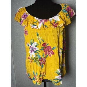 Old Navy Women's M Blouse Off The Shoulder Yellow Floral Ruffle Top 100% Rayon